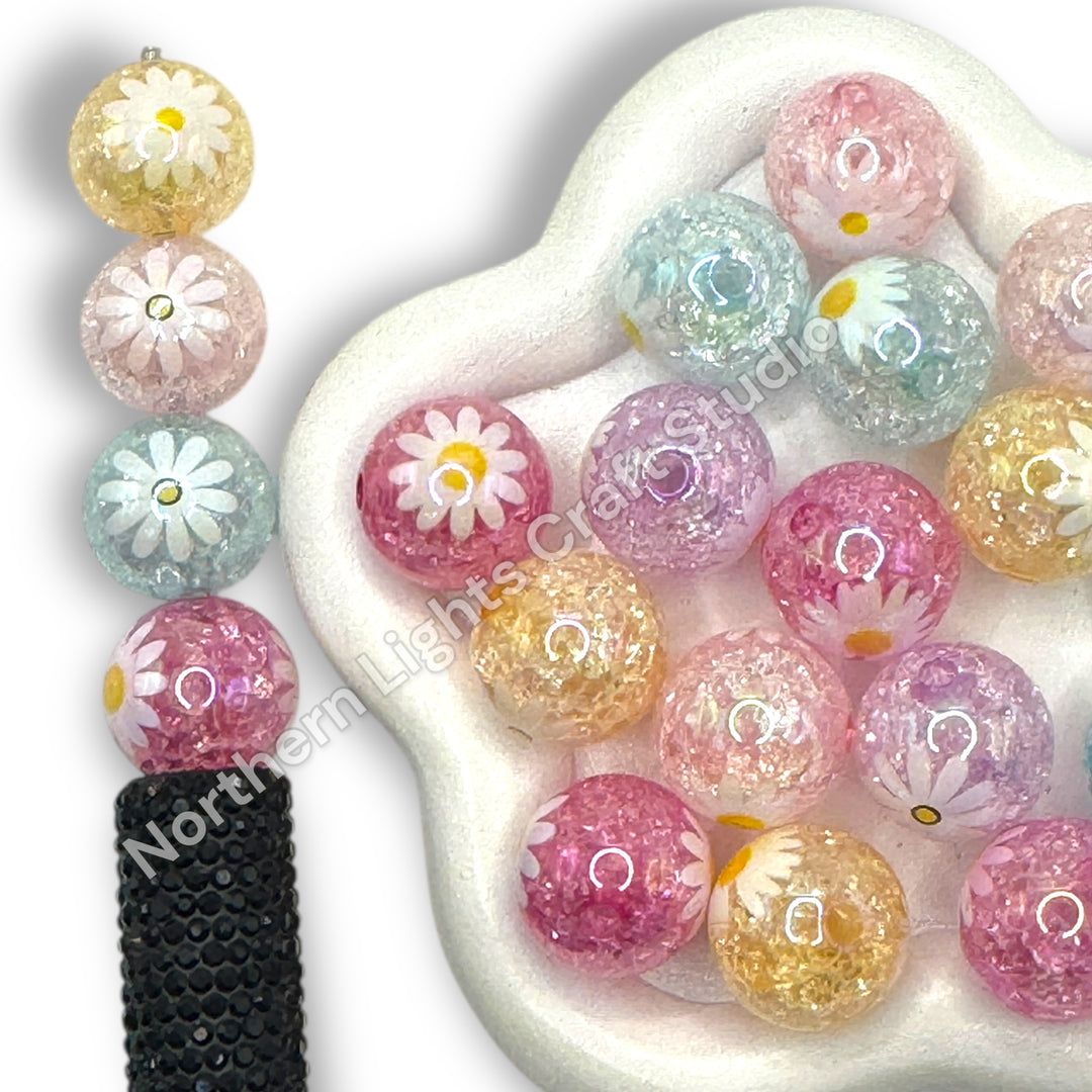 Daisy Printed Crackle 16mm Acrylic Beads - 20pc.