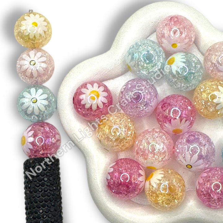 Daisy Printed Crackle 16mm Acrylic Beads - 20pc.