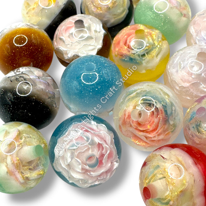 Glitter and Carved Flower Charm Color Changing Luminous Half Cat Eye 16mm Bead Mix  - 25pc.