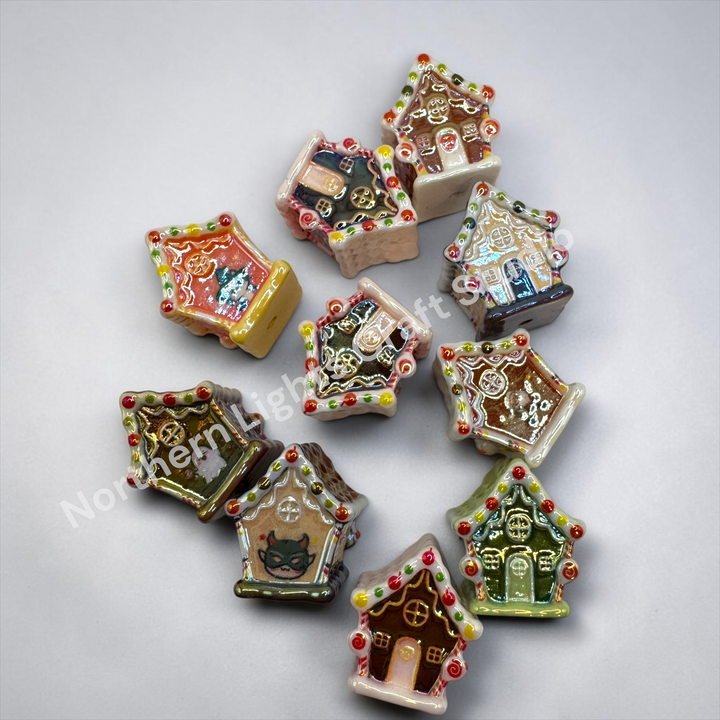 Halloween and Christmas Gingerbread UV Handpainted House Bead Mix -10pc.