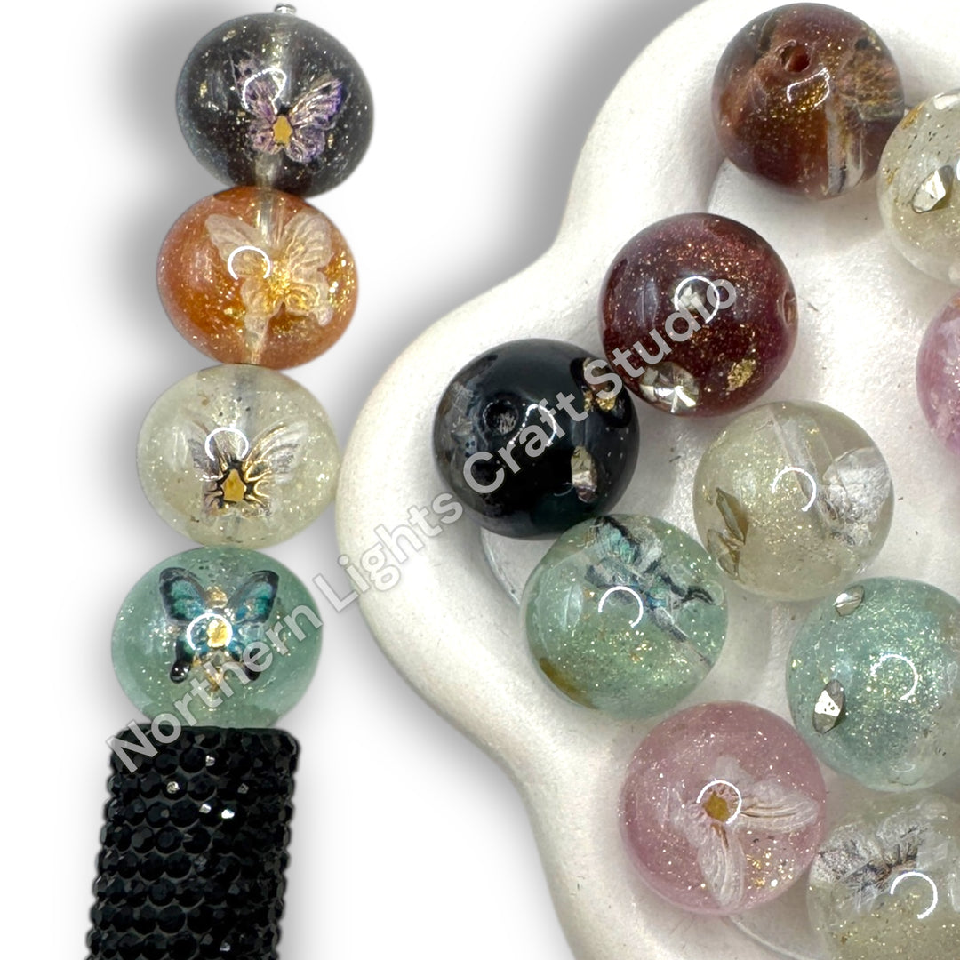 Glitter UV Coated Premium Resin Luminous 16mm Beads With Metal Butterfly Charm Inside -20pc.