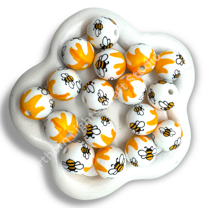 Bee and Honey Printed Mix White 16mm Acrylic Beads - 20pc.