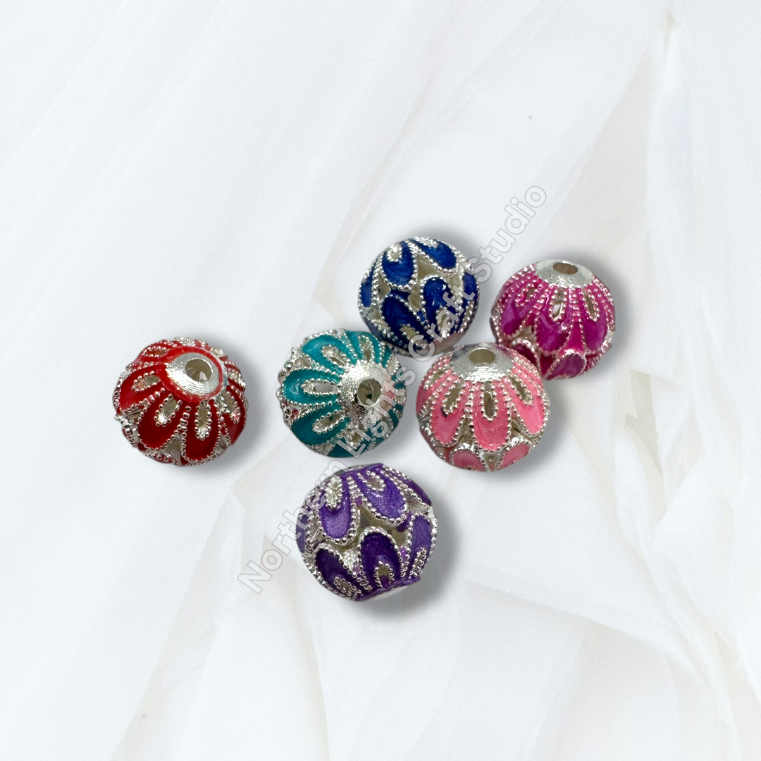 Copper Base Silver Enamel Petal 10mm Beads - 10pc.  Mix