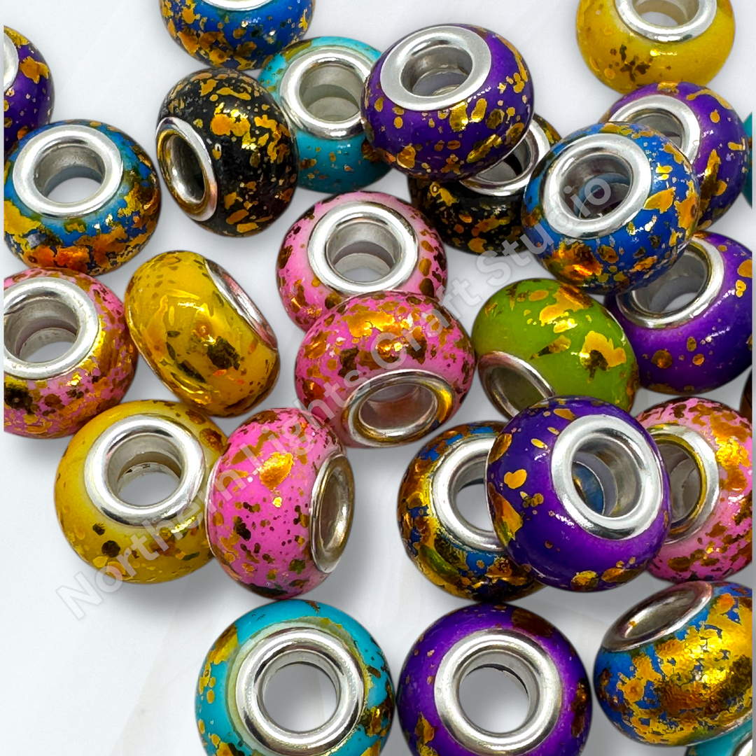 Gold Splatter Colorful Wheel Acrylic Spacer 14mm Large Hole Bead Mix - 25pc.