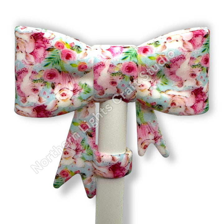 Floral Printed Silicone Bow Straw Cap Topper