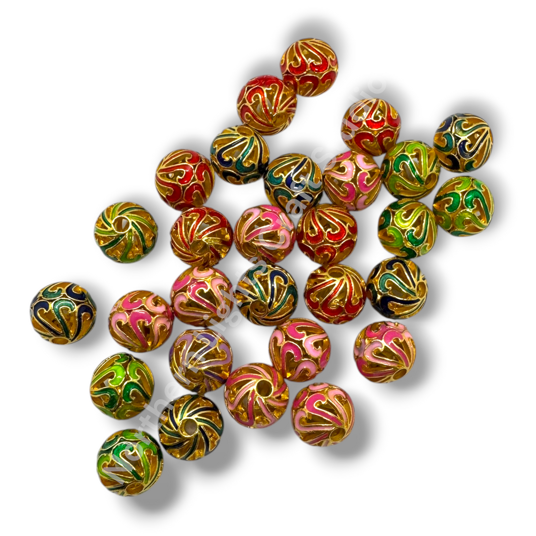 Copper Base Plated Enamel Filigree Swirl 10mm Beads - 10pc. Mix - Gold or Silver