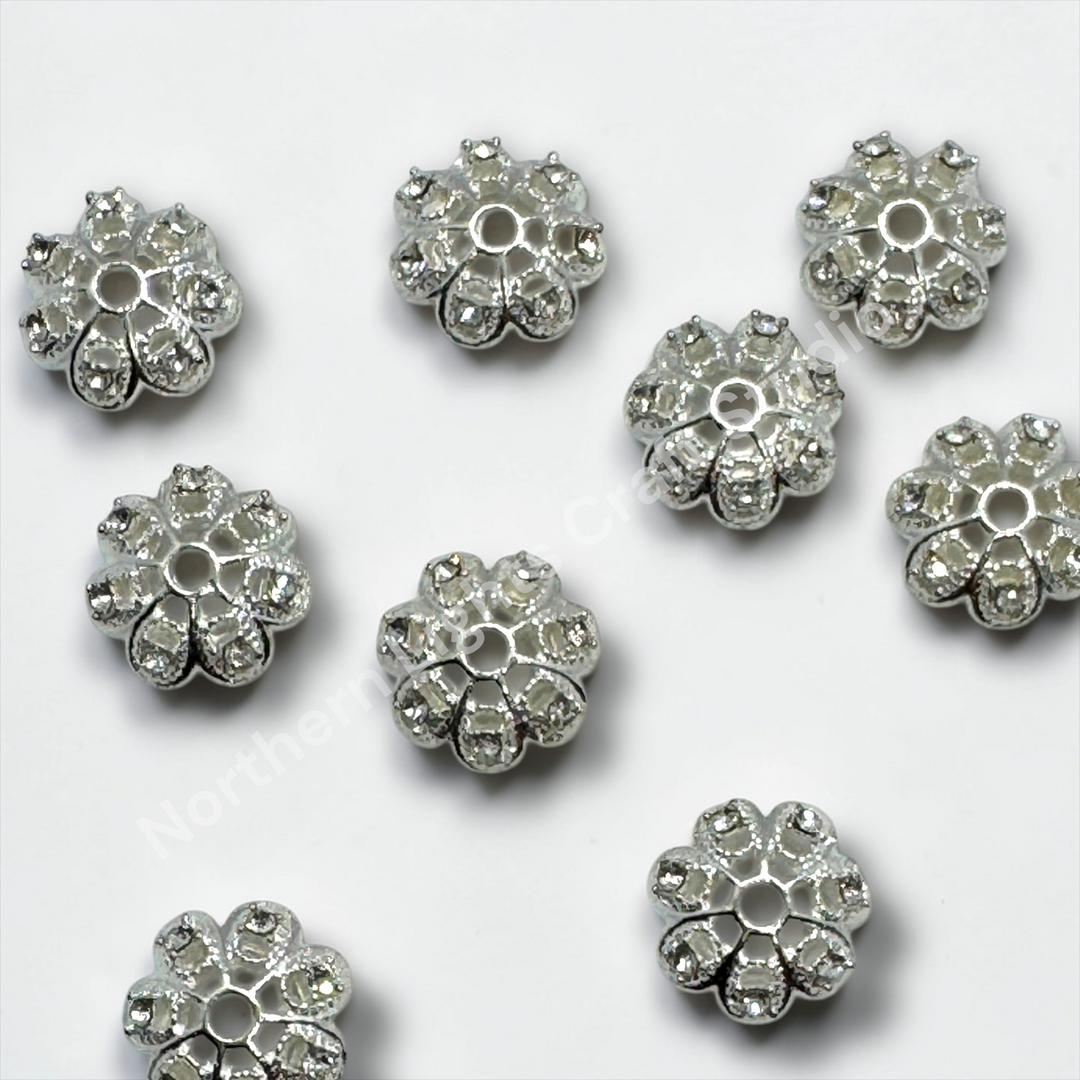 Silver Luxury Metal Flower Rhinestone Silver 16mm Bead Cap  - 10pc.