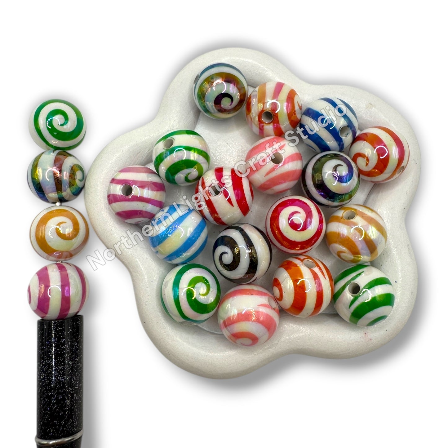 Acrylic UV Coated Swirl Printed Beads -16mm - 20pc.