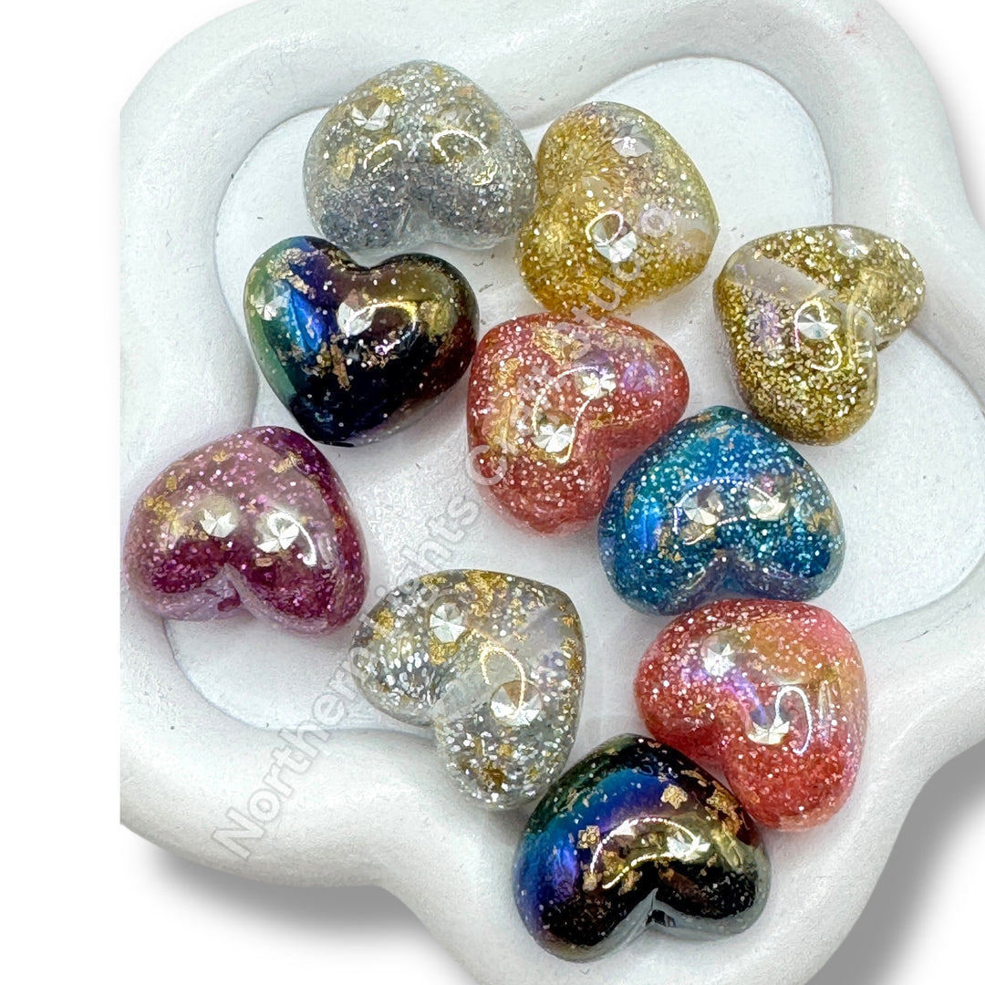 Glitter Gold Flake and Crystal Acrylic Heart Beads - 10pc.