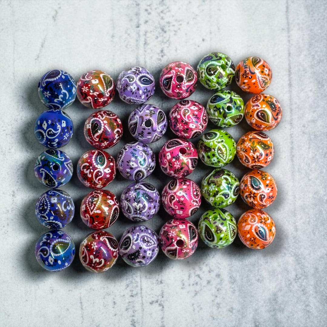 BoHo UV Paisley Bandana Printed 16mm Acrylic Beads - 20pc.