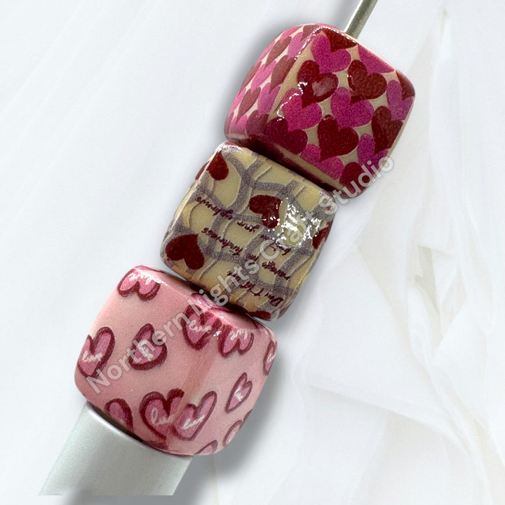 Printed Heart Pattern 14mm Cube Beads-10pc.
