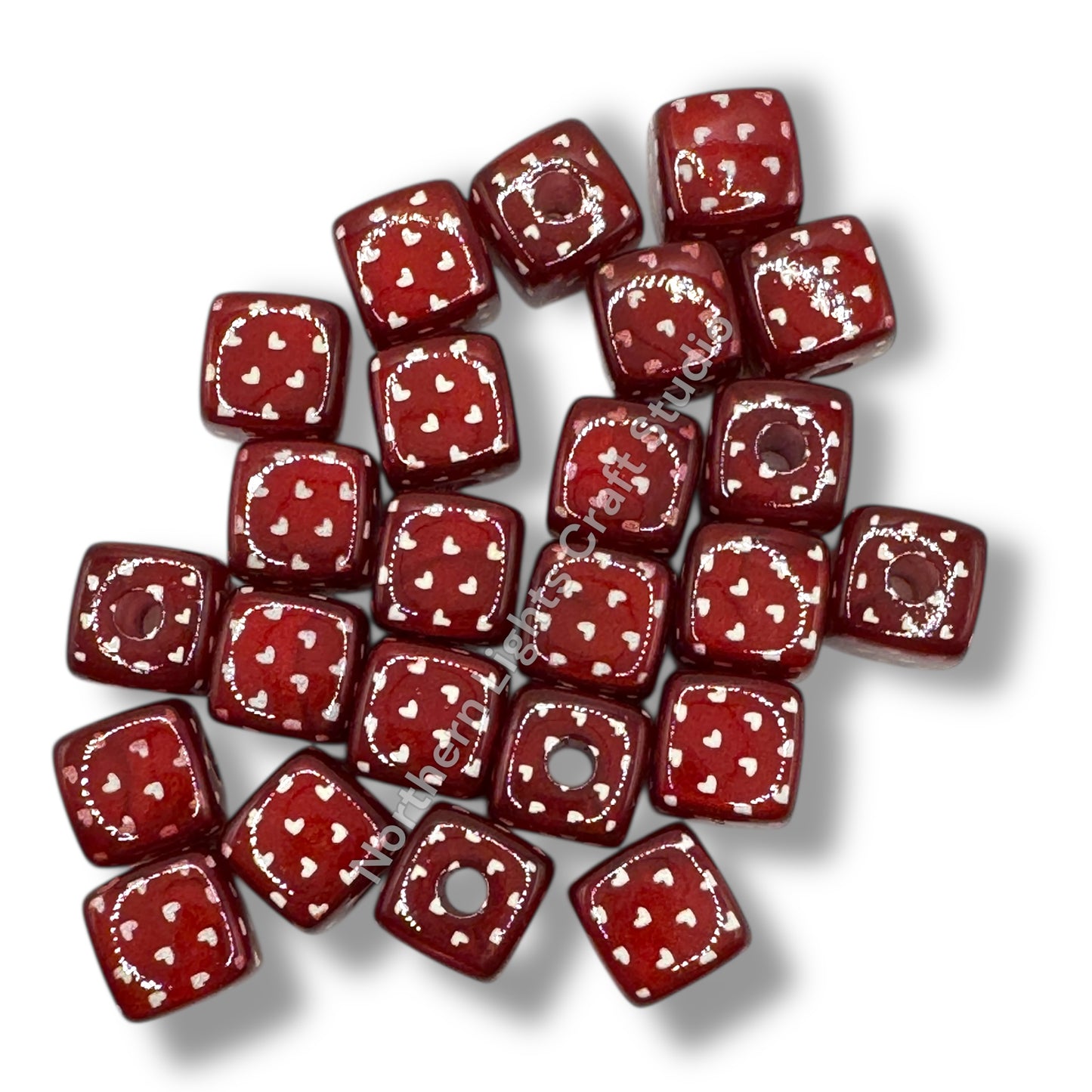 Printed Heart Cubes -14mm - 10pc.