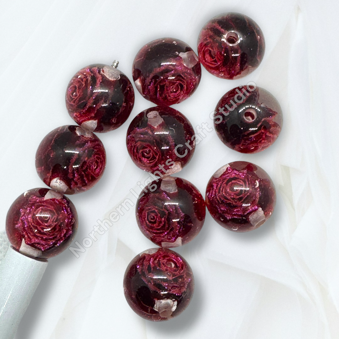 Glitter Red Rose Luxury Resin 20mm Bead - 10 pc.