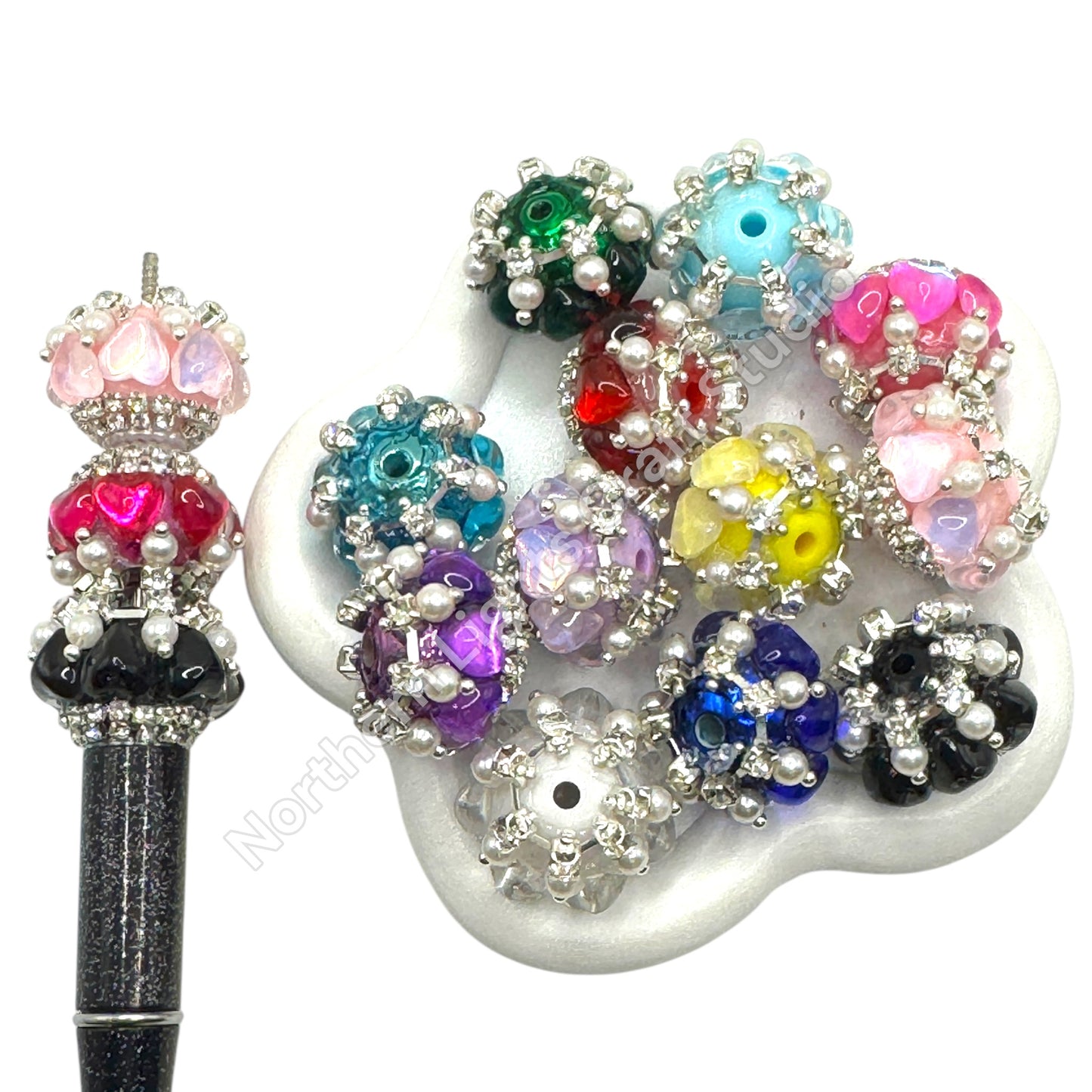 Glass Heart Charm With Pearl and Rhinestone Fancy Indian Bead -8pc.