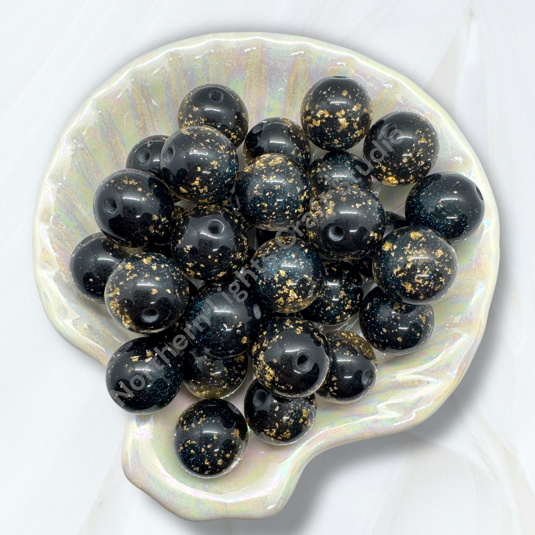 Black Galaxy Glitter Gold Flake 16mm Resin Beads -20pc.