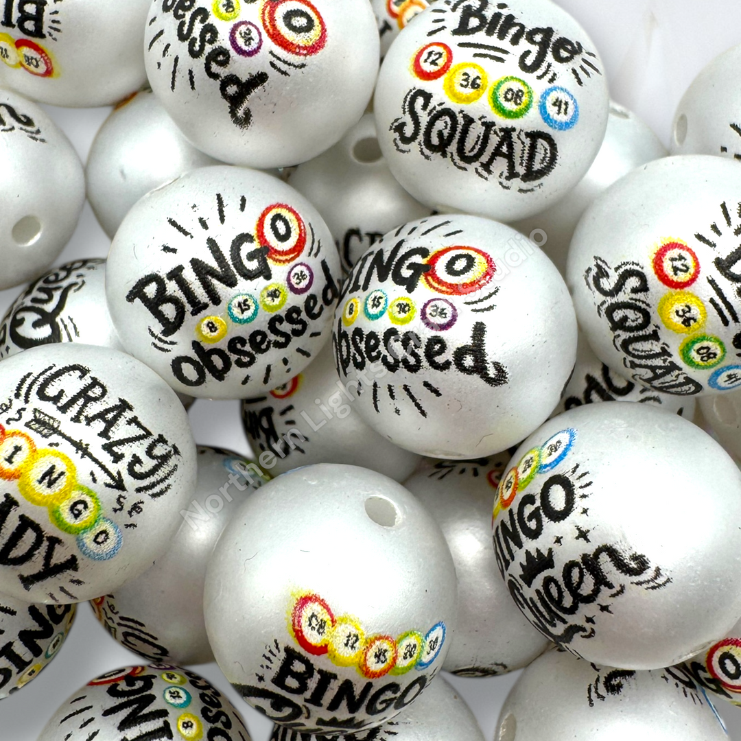 Bingo Printed Mix Matte White 16mm Acrylic Beads - 20pc. Mix