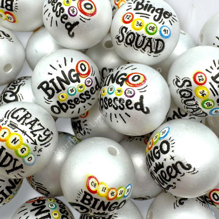 Bingo Printed Mix Matte White 16mm Acrylic Beads - 20pc. Mix