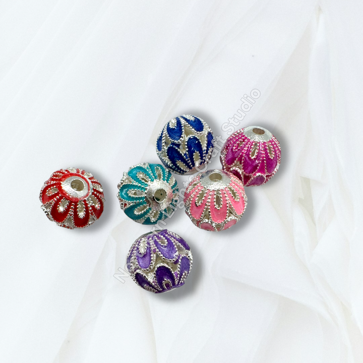 Copper Base Silver Enamel Petal 10mm Beads - 10pc.  Mix