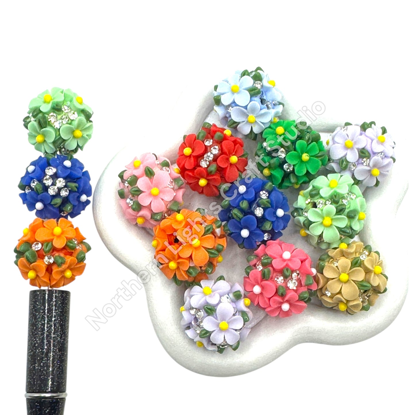 Tropical Flower Beads with Rhinestone Accents-5pc Mix