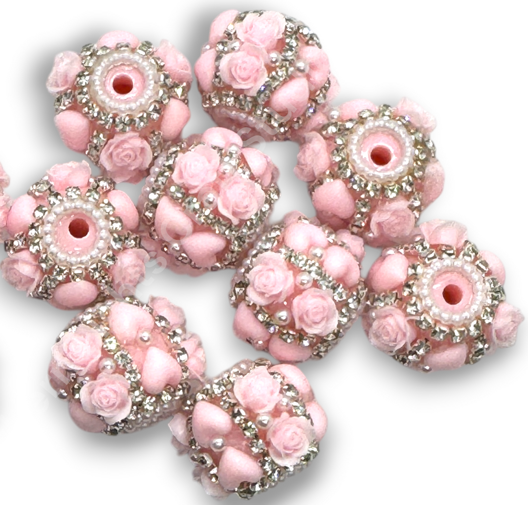 Fuzzy Heart and Flower Pink Acrylic Heart Charm Bead - 1pc.