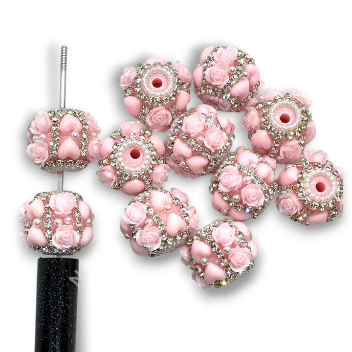 Fuzzy Heart and Flower Pink Acrylic Heart Charm Bead - 1pc.