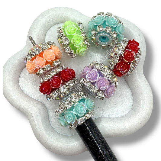 Flower Indian Beads with Silver Accent and Rhinestones - 5pc. Mix