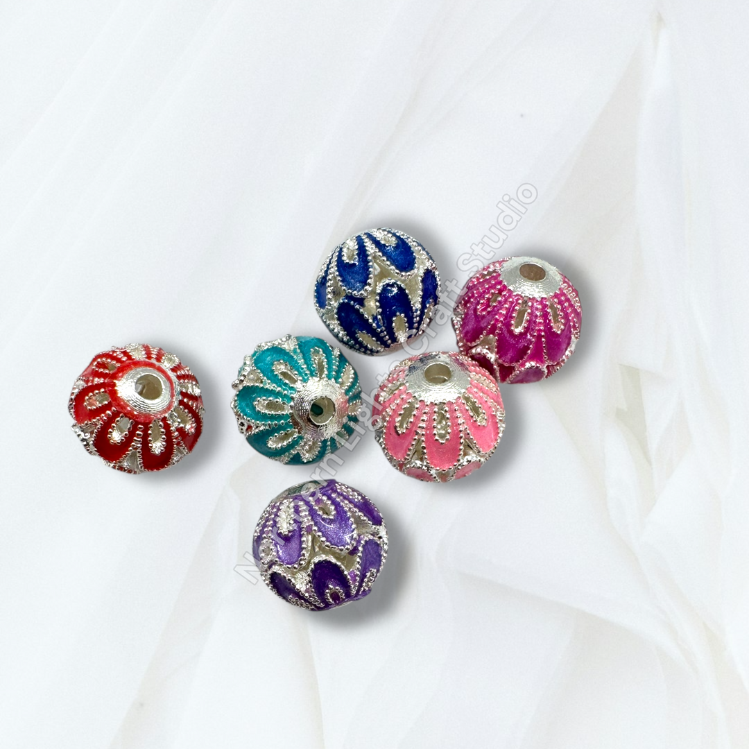 Copper Base Silver Enamel Petal 10mm Beads - 10pc.  Mix