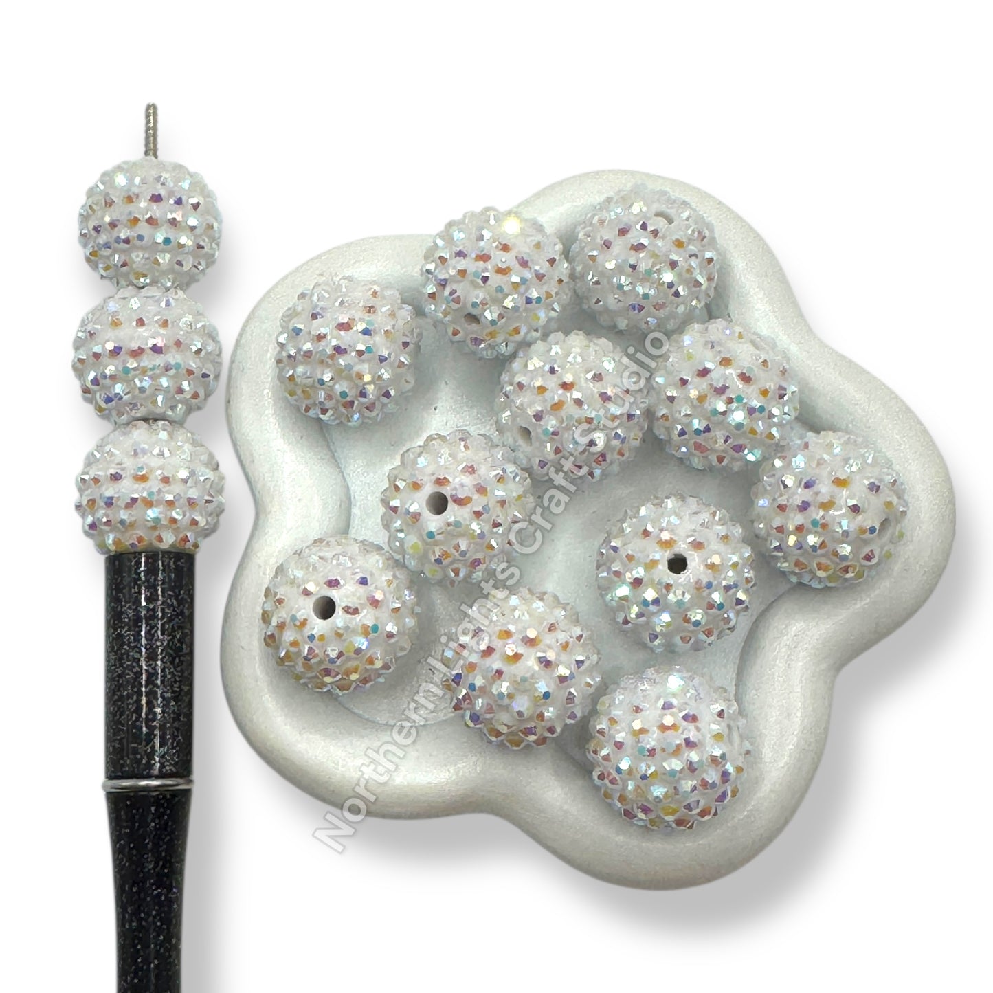 White AB Acrylic Rhinestone Bubblegum Beads - 10pc.