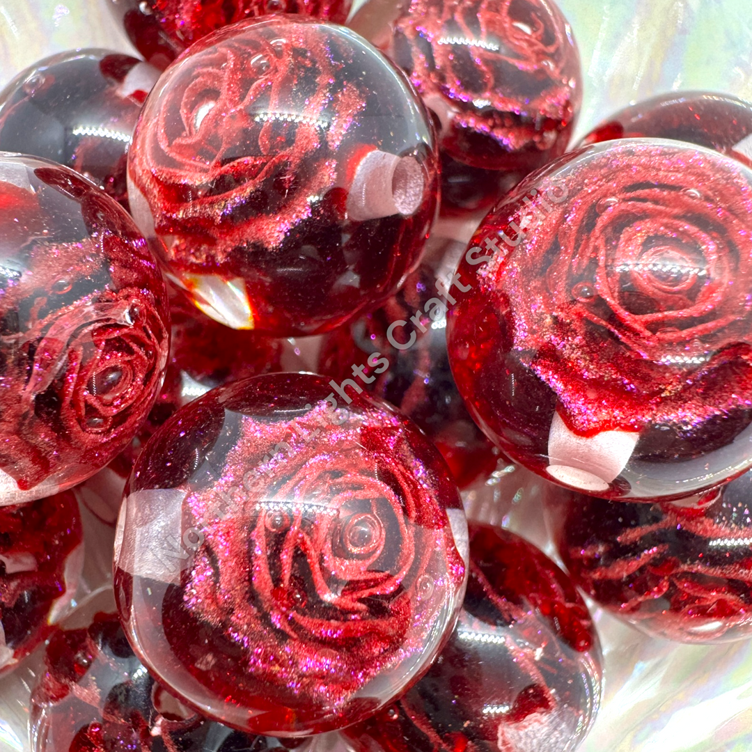 Glitter Red Rose Luxury Resin 20mm Bead - 10 pc.