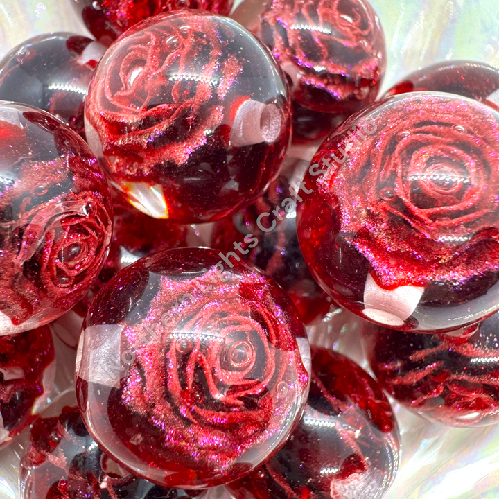 Glitter Red Rose Luxury Resin 20mm Bead - 10 pc.