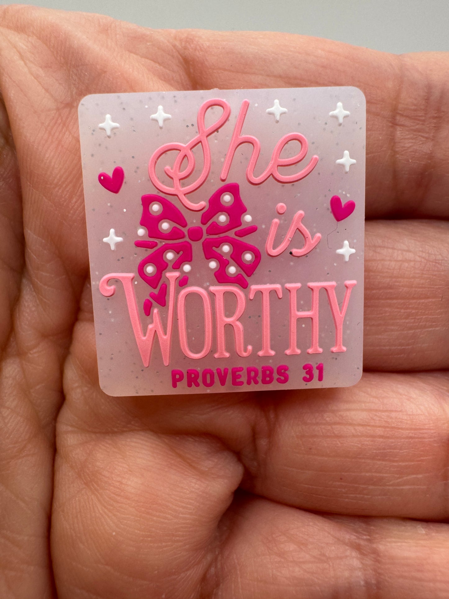 She Is Worthy Proverb 31 Glitter Jelly Focal Bead