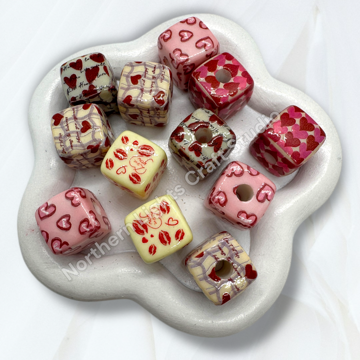 Printed Heart Pattern 14mm Cube Beads-10pc.