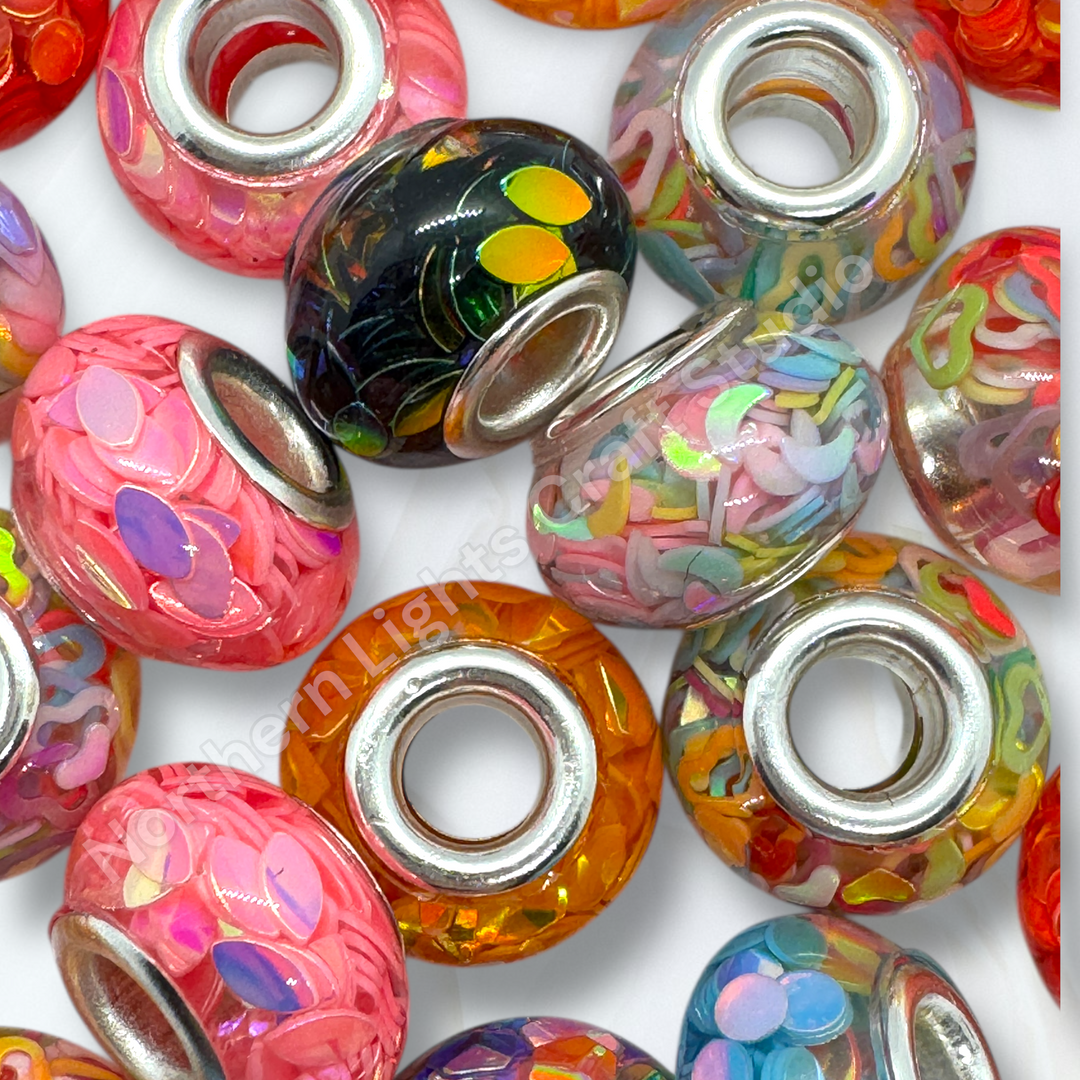 Irridescent Flake Faceted Wheel Acrylic Luminou Spacer 14mm Large Hole Beads - 25pc.