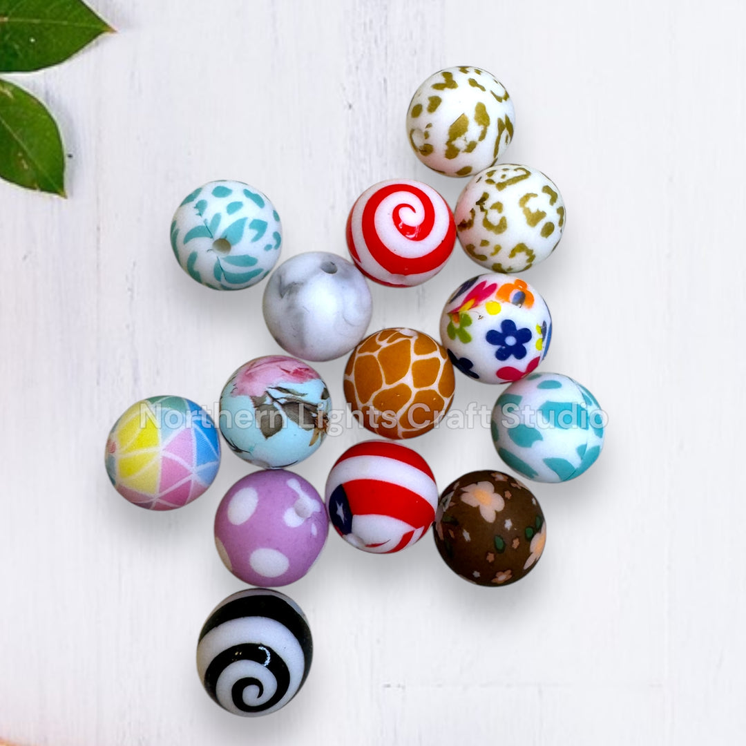 20 pcs. 15mm Silicone Beads Printed Multi-Color Mixed Bag
