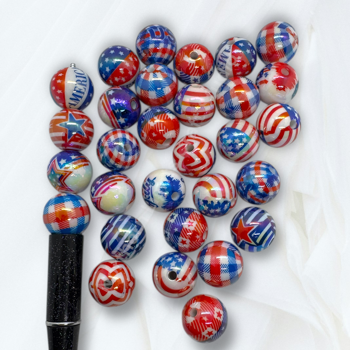 4th of July Theme UV Printed 16mm Beads - 20pc.