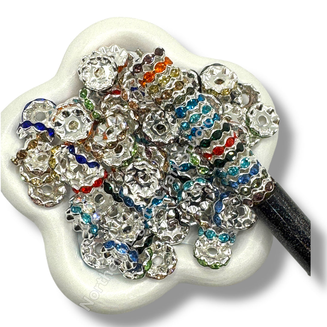 Metal Rhinestone Spacers -Round or Wavy-12mm Colorful Mix -30pcs.
