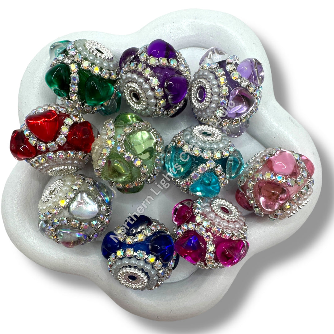 Rhinestone and Glass  Heart Trellis Fancy Beads - 8pc. Mix
