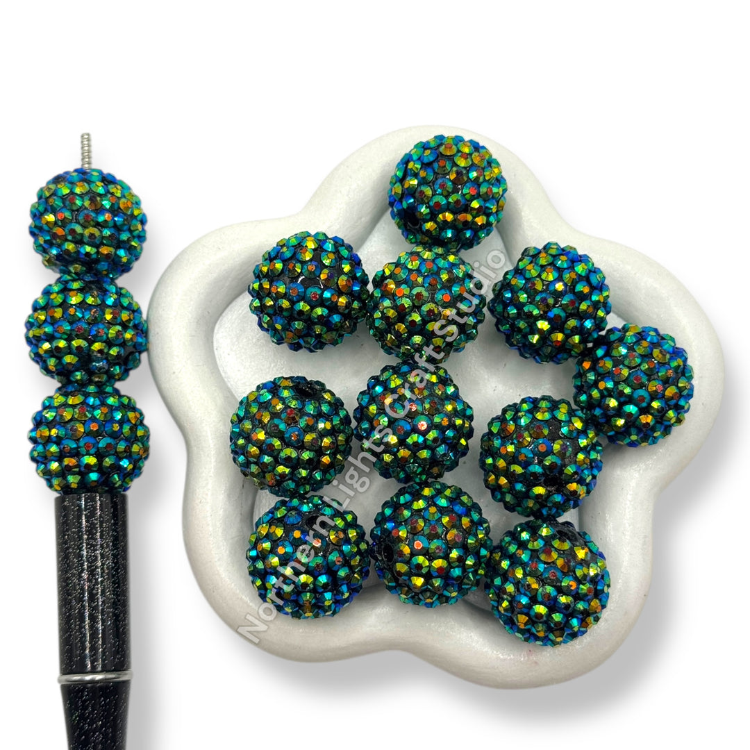 Dark Green AB 20mm Acrylic Rhinestone Bubblegum Beads - 10pc.