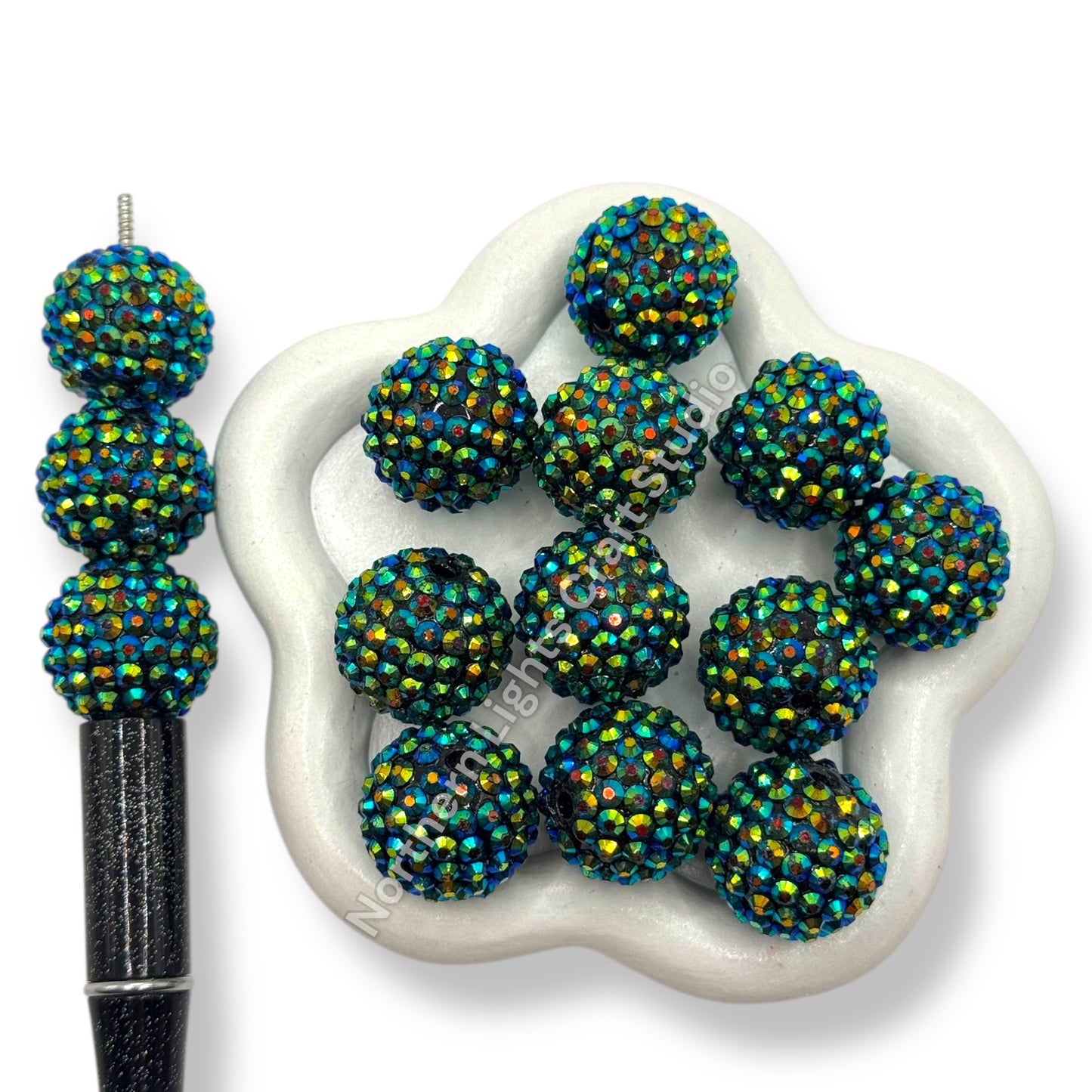 Dark Green AB Acrylic Rhinestone Bubblegum Beads - 10pc.