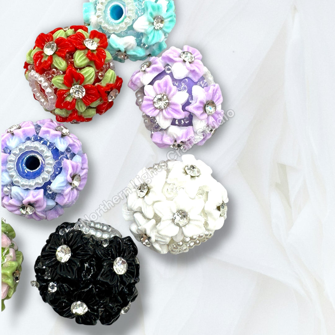 Flower Charm Fancy Bead With Rhinestone Accents -10pc. Mix