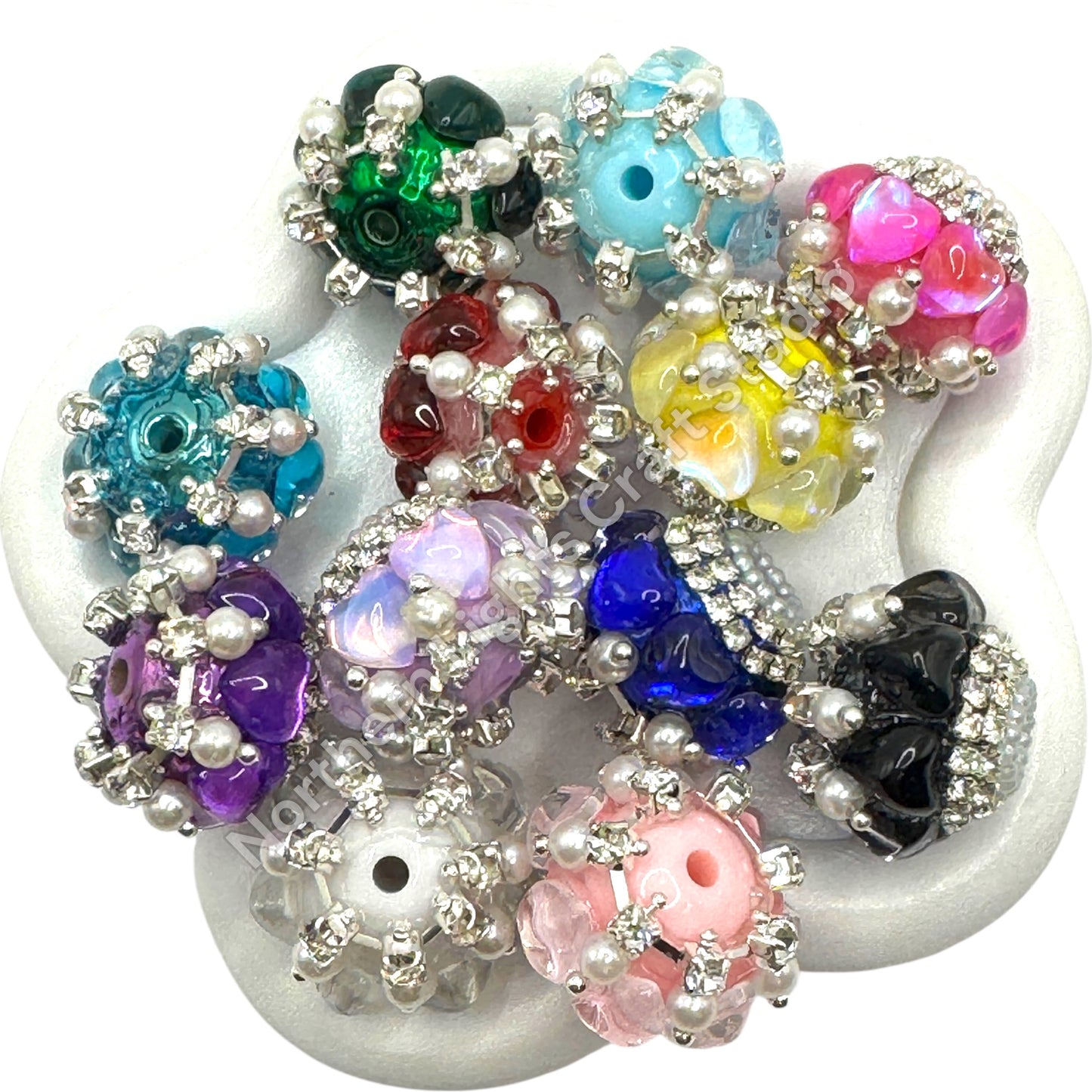 Glass Heart Charm With Pearl and Rhinestone Fancy Indian Bead -8pc.