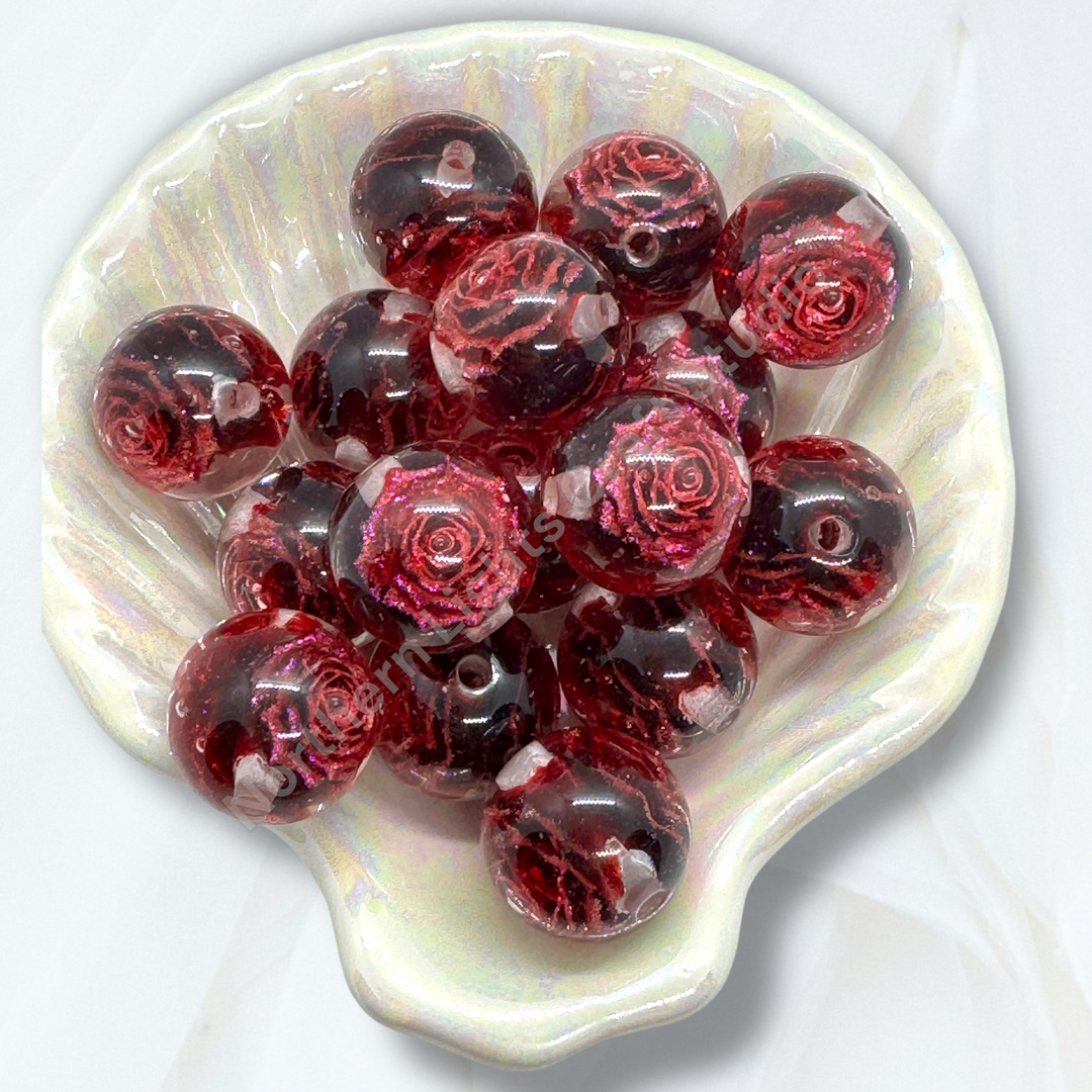 Glitter Red Rose Luxury Resin 20mm Bead - 10 pc.