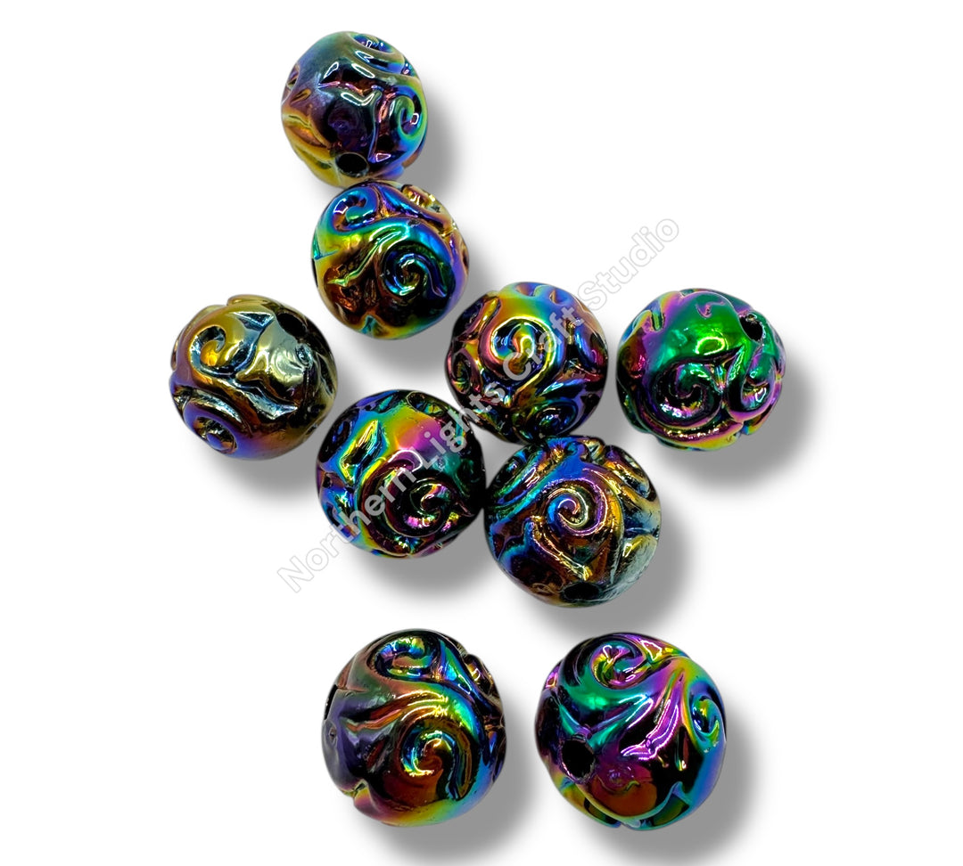 16mm Black UV Swirl Carved Beads -10pc.