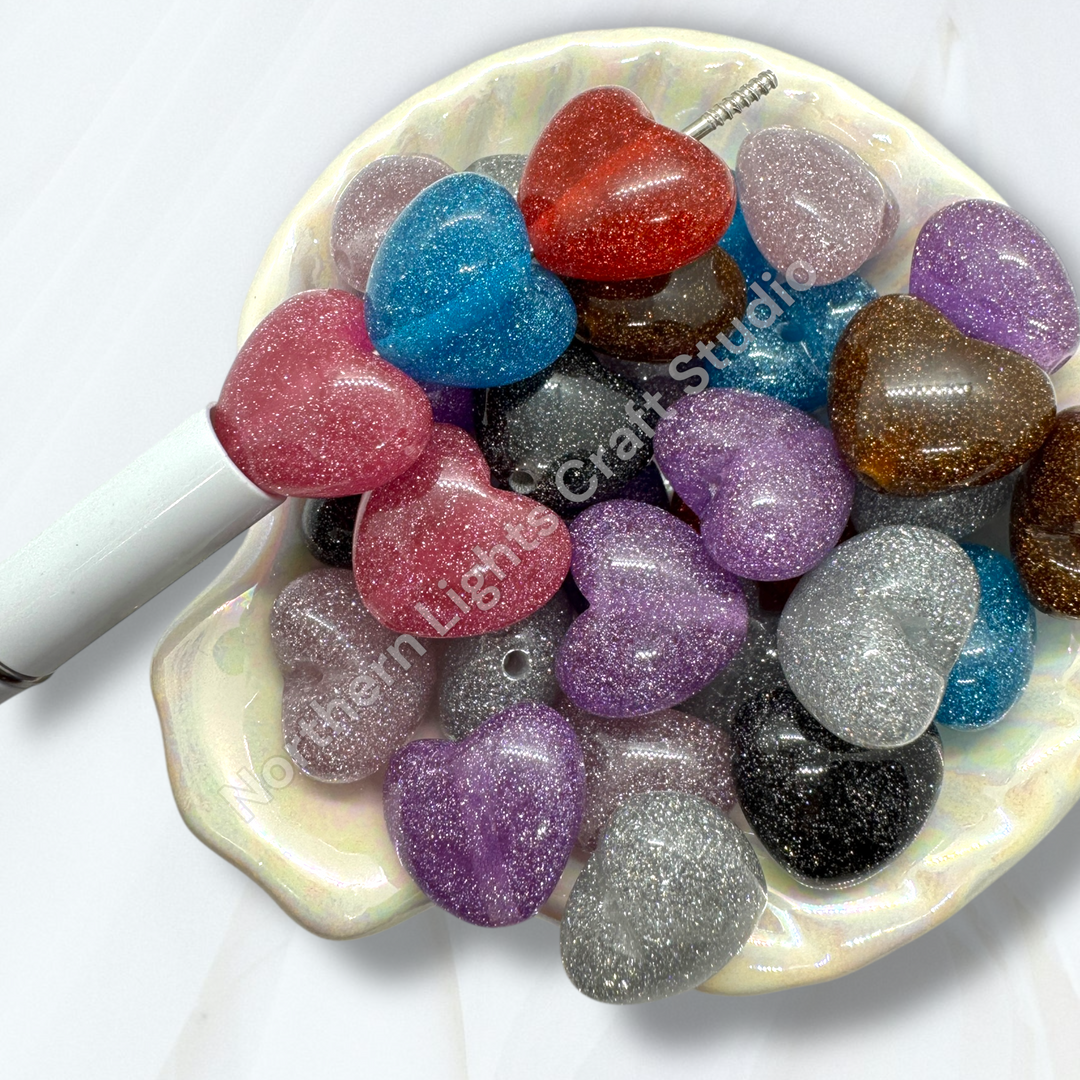 Glitter Dust Acrylic Heart Beads -10pc.