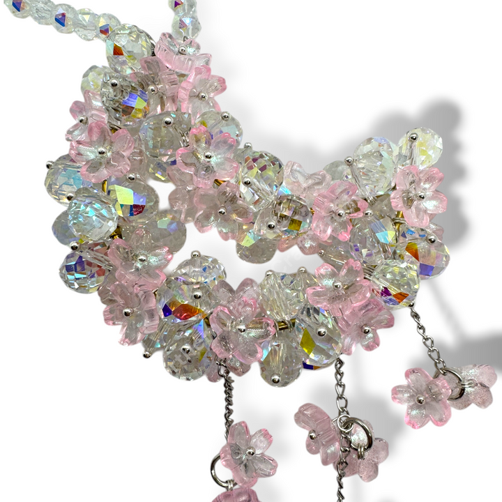 Pink Crystal and Flower With Gold Pins Crystal Moon Suncatcher / Moon Car Charm