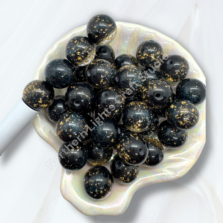 Black Galaxy Glitter Gold Flake 16mm Resin Beads -20pc.