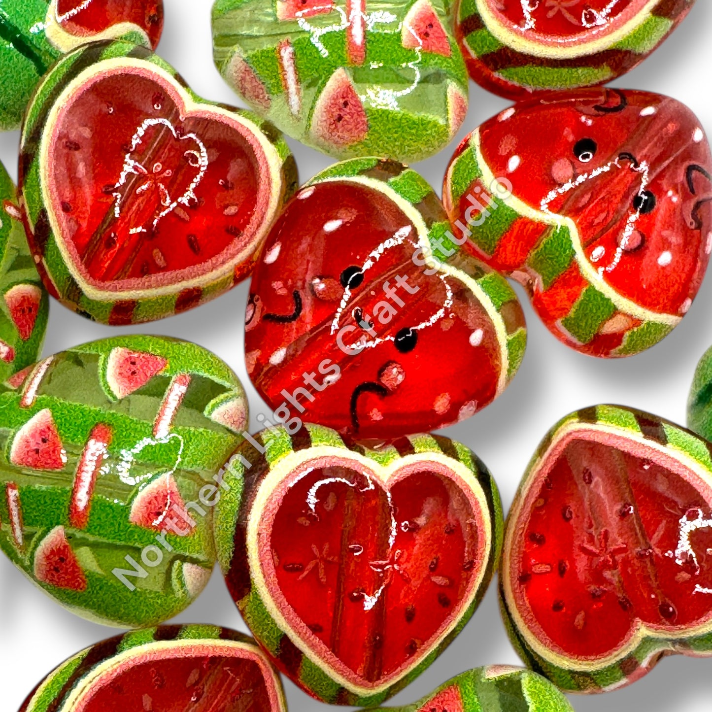 Watermelon Heart Printed Acrylic 16mm Bead Mix - 10pc.