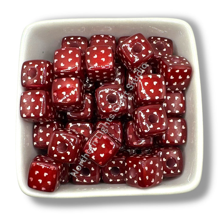Printed Heart Cubes -14mm - 10pc.