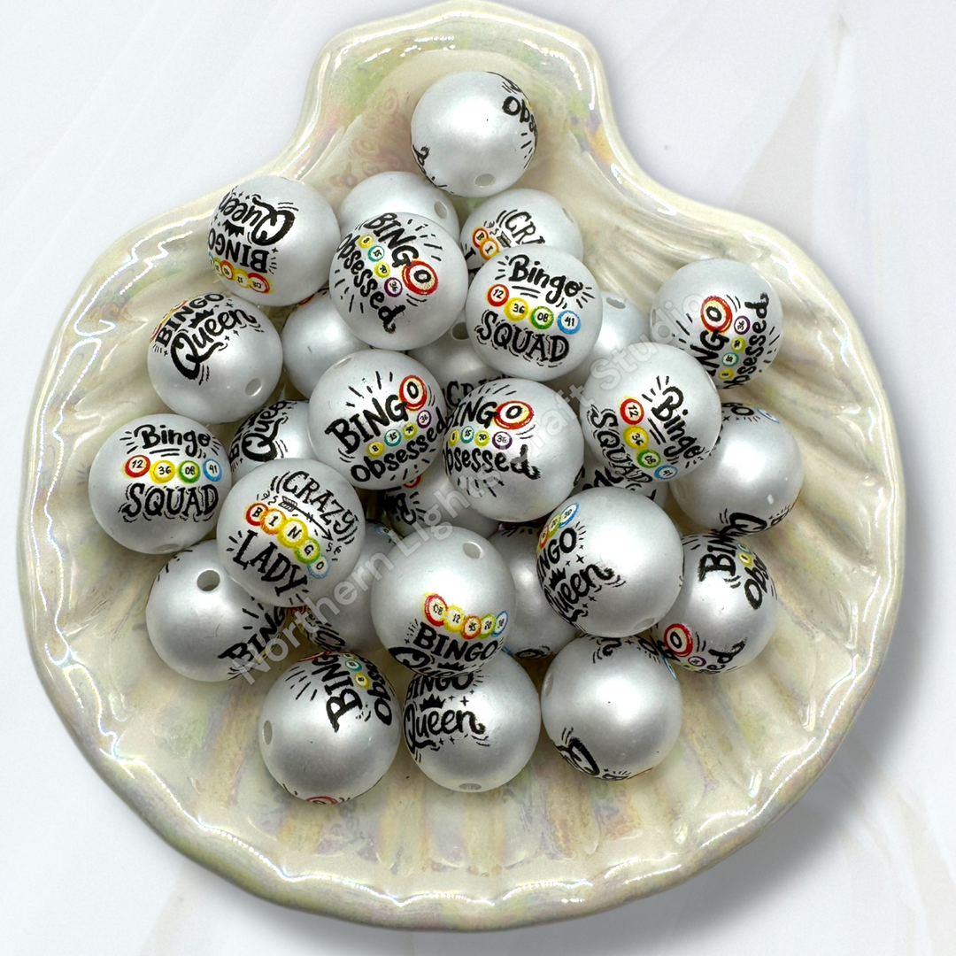 Bingo Printed Mix Matte White 16mm Acrylic Beads - 20pc. Mix