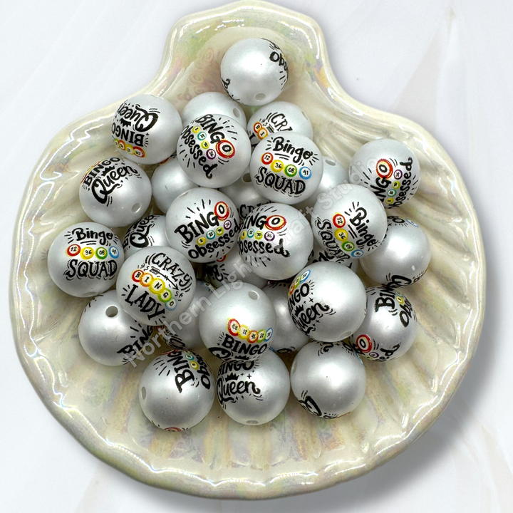 Bingo Printed Mix Matte White 16mm Acrylic Beads - 20pc. Mix